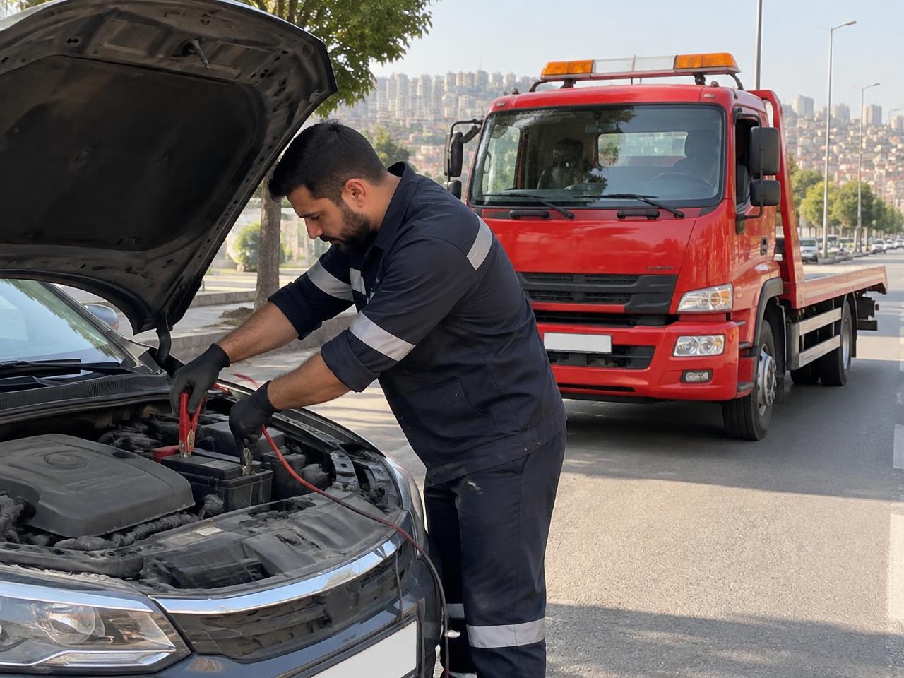 Yol yardım görevlisi kırmızı iş kıyafetiyle aracın aküsüne takviye kablosu bağlıyor