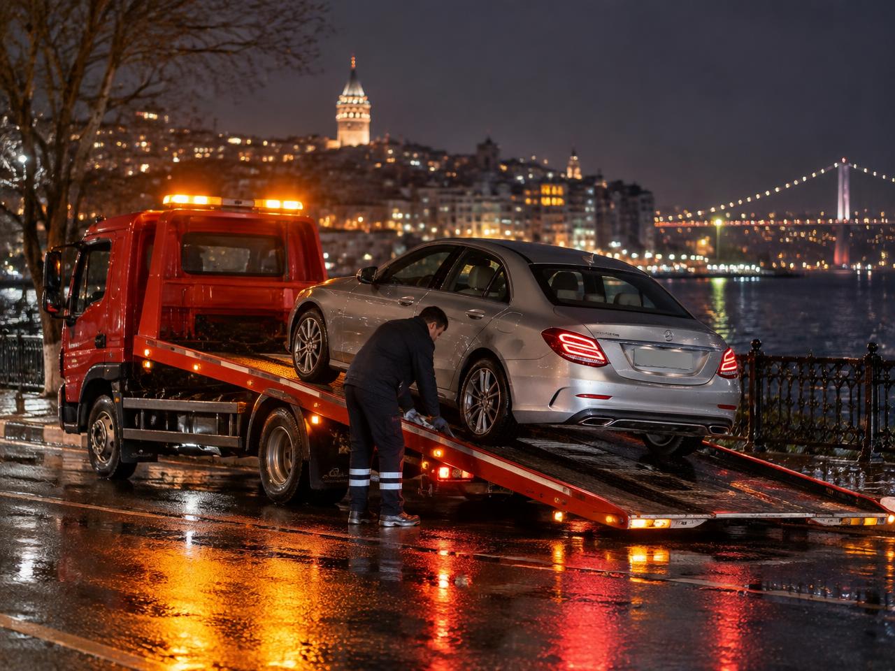 Gece yağmurlu İstanbul caddesinde araç yükleyen kırmızı çekici