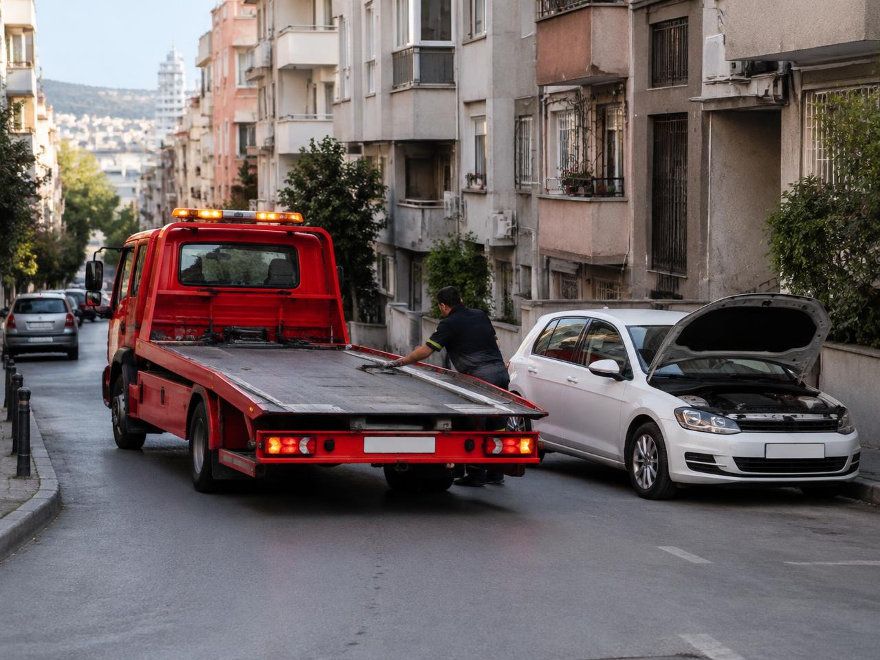 Dar mahalle sokağında arızalı araca ulaşan kırmızı çekici
