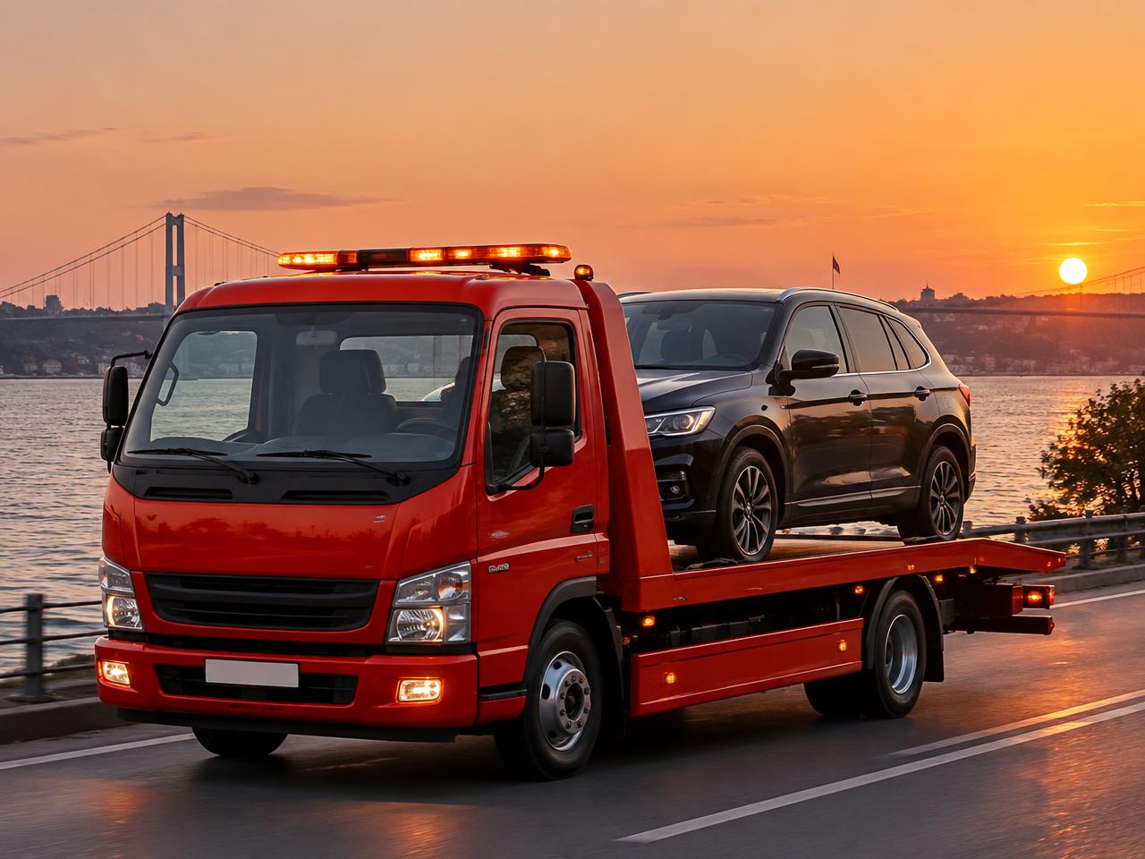 Gün batımında Boğaz yolunda SUV taşıyan kırmızı çekici