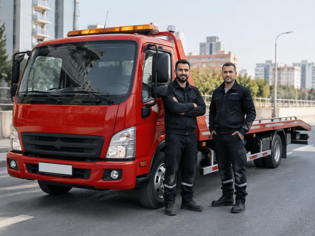 Kırmızı çekicinin yanında duran iki üniformalı operatör
