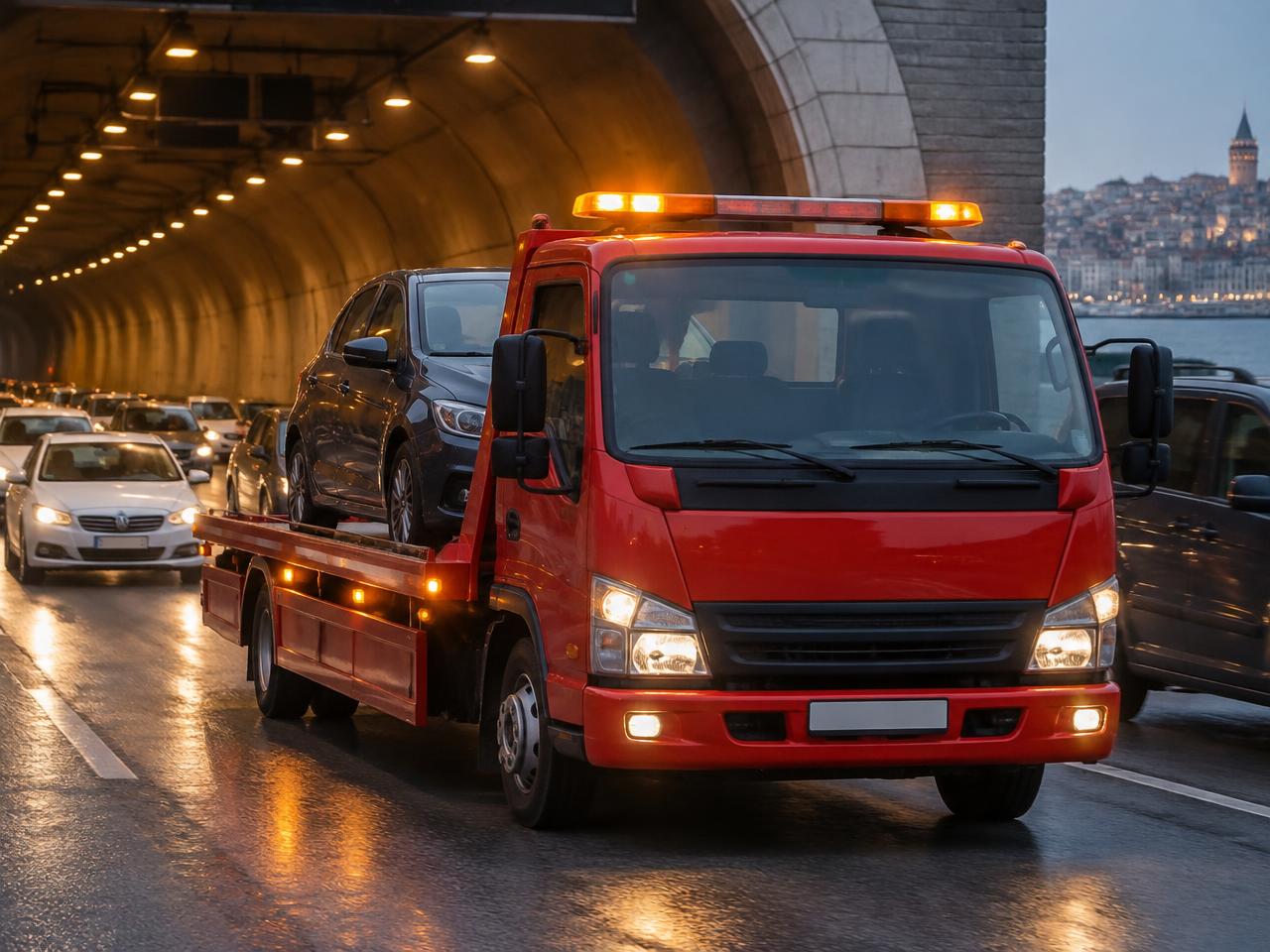 Tünel çıkışında trafik içinde araç taşıyan kırmızı çekici