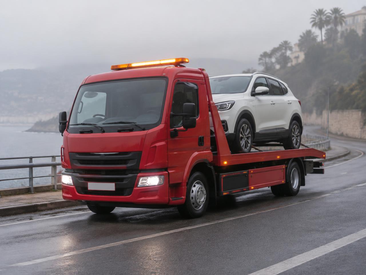Sisli sahil yolunda beyaz SUV taşıyan kırmızı çekici