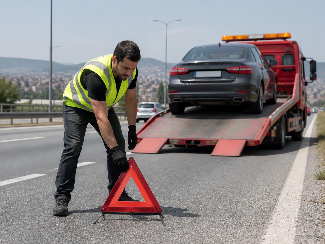 Otoyol kenarına reflektörlü üçgen yerleştiren operatör