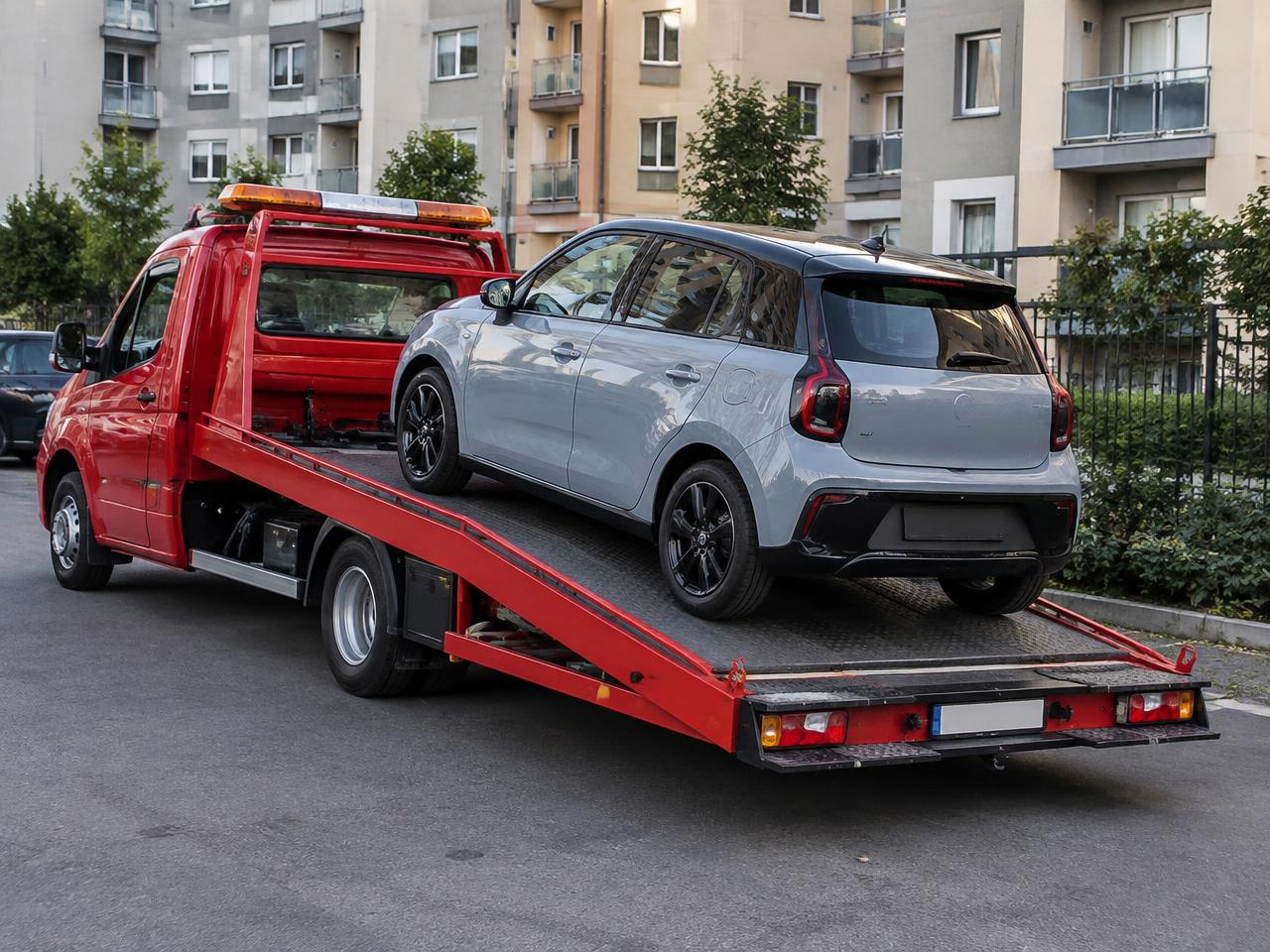 Site otoparkında elektrikli aracı platforma alan kırmızı çekici