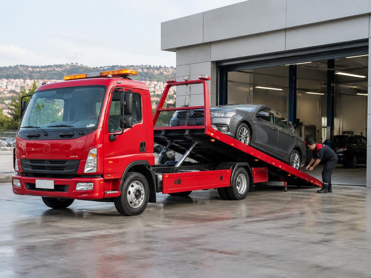 Servis girişinde aracı indiren kırmızı kayar kasa çekici
