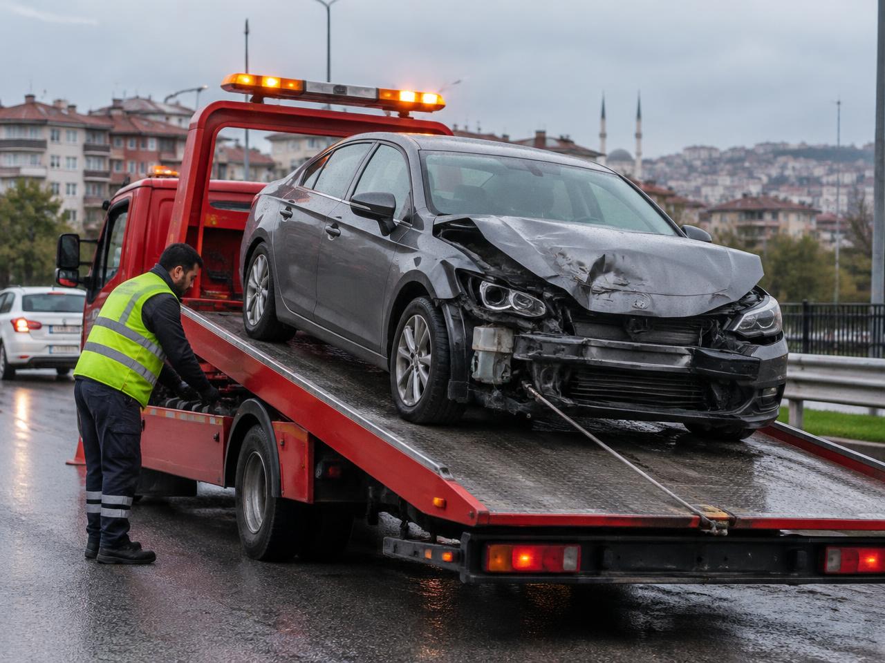 Otoyol kenarında ön kısmı hasarlı aracı kayar kasaya yükleyen kurtarıcı ekip