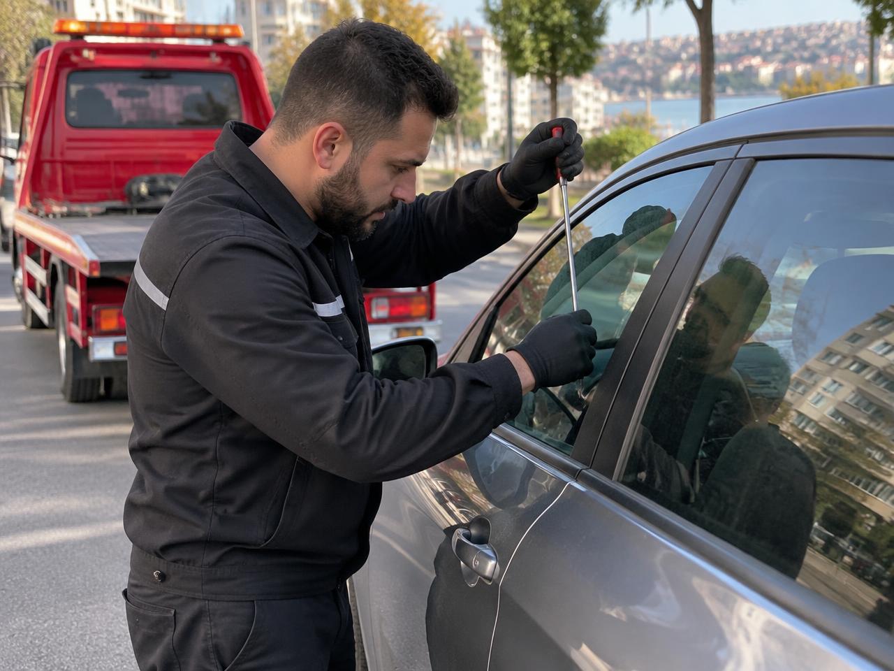 Yol yardım görevlisi araç kapısı yanında yedek araç anahtarı ve kumandayı tutuyor