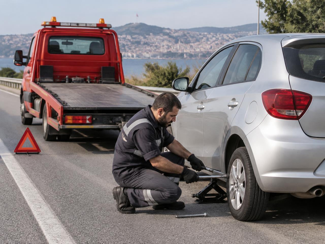 Otoyol banketinde reflektörlü yelekle patlak lastiği kriko ile değiştiren yol yardım görevlisi