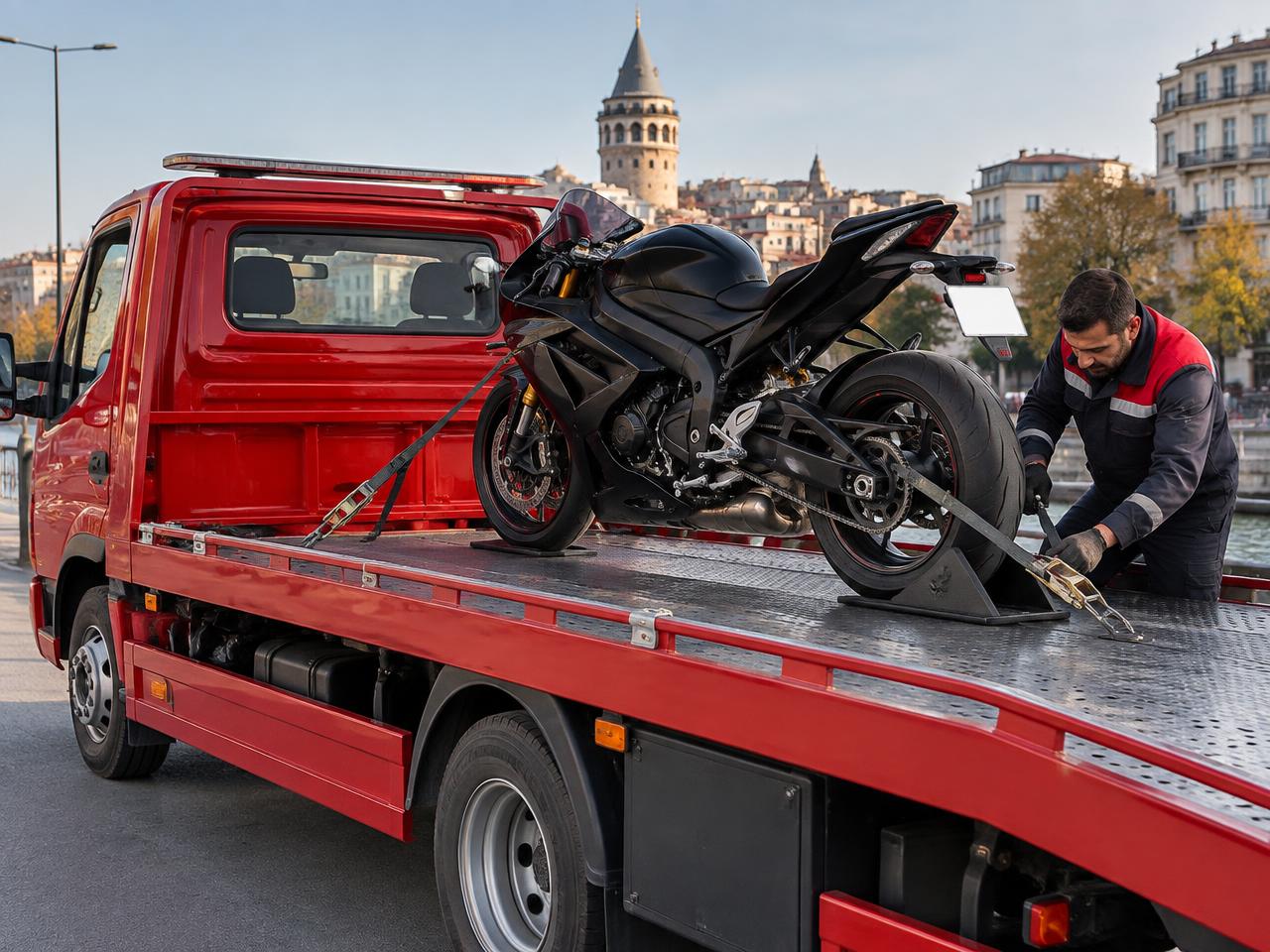 Kayar kasaya kayışlarla sabitlenen motosiklet ve yol yardım görevlisi