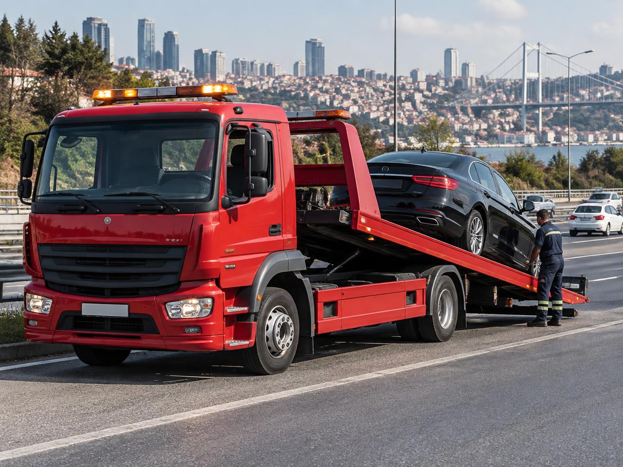 İstanbul çevre yolunda siyah sedanı kayar kasasına yükleyen kırmızı oto çekici