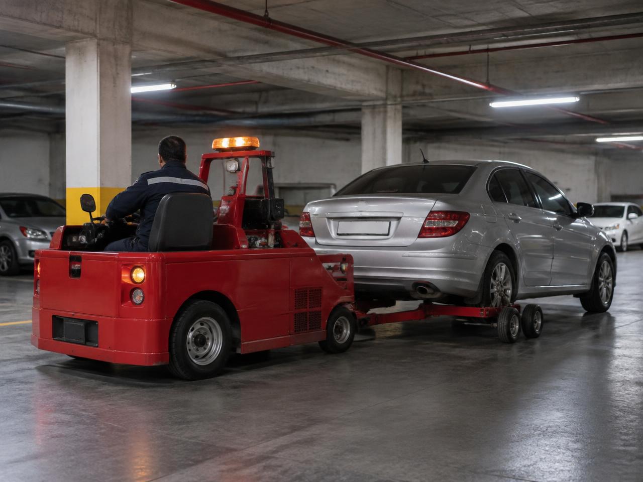 Kapalı otoparkta siyah aracı dolly sistemine bağlayan kırmızı kurtarma ekipmanı