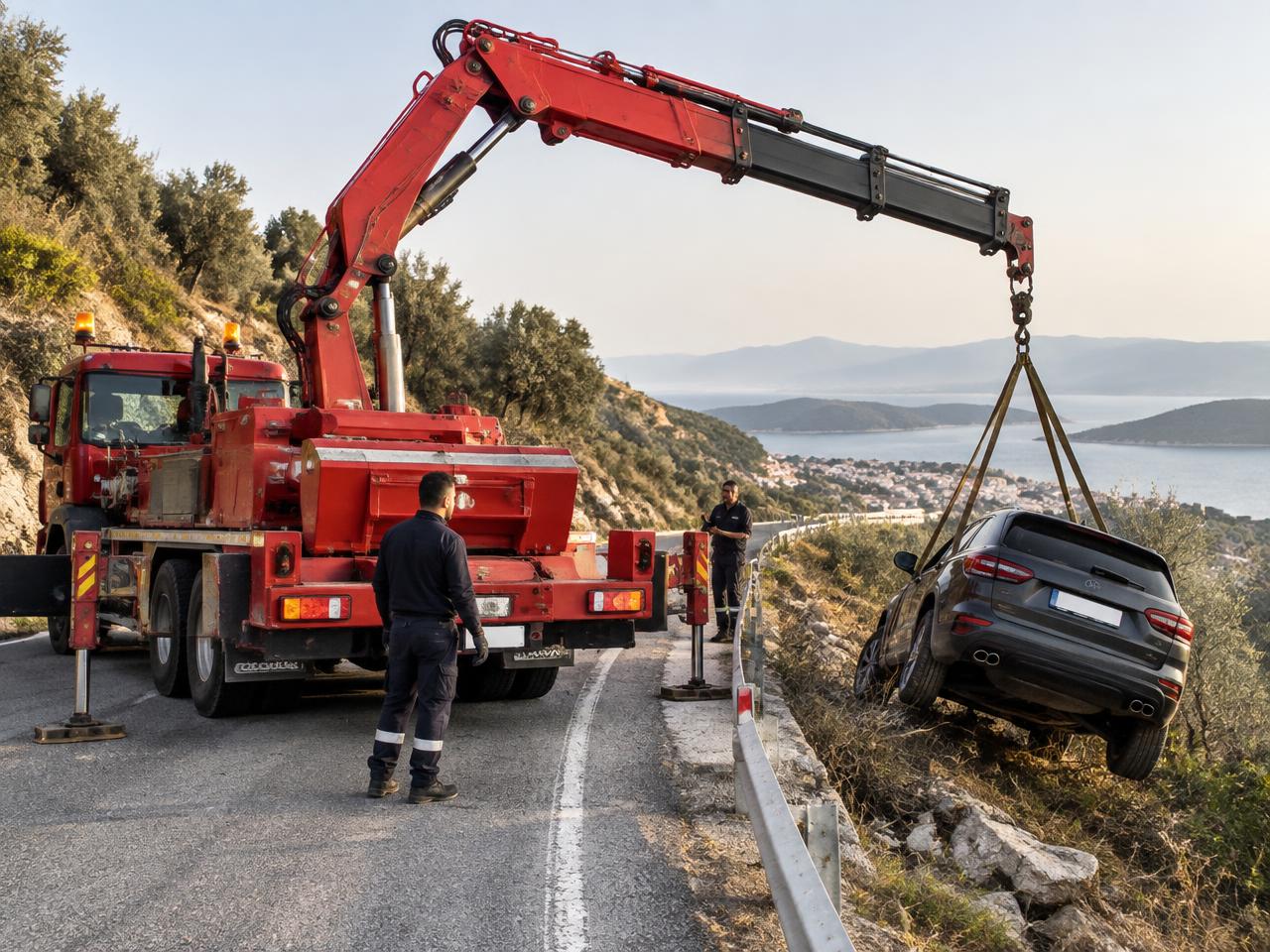Hidrolik vinçli kurtarıcı, yol kenarındaki şarampole inen aracı kaldırıyor