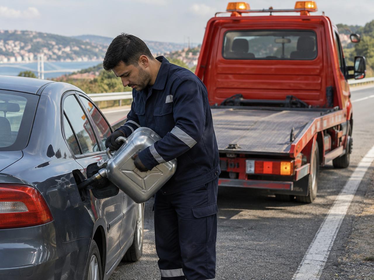 Yol yardım görevlisi kırmızı bidonla yolda kalan aracın deposuna yakıt aktarıyor
